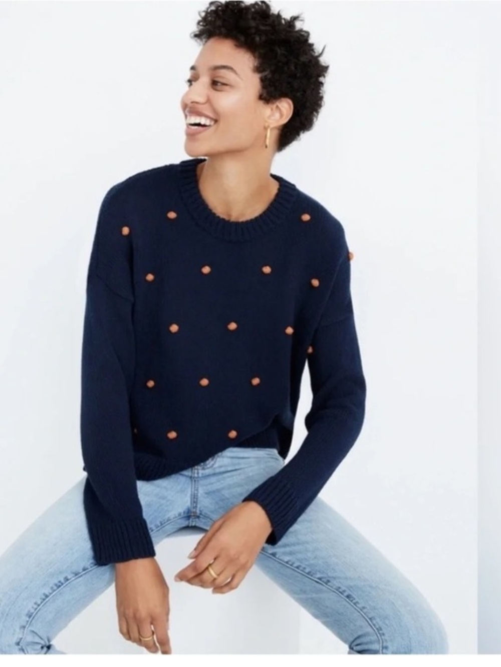 Madewell Wellesley Bobble Pullover Sweater Navy Blue Burnt Orange size XS